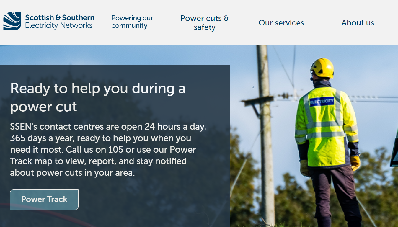 The Header and Hero section of SSEN Distribution's newly designed and built website with large text and uncluttered navigation. There is a large image of electricity workers with a bold heading, description and link to Power Track alongside it 