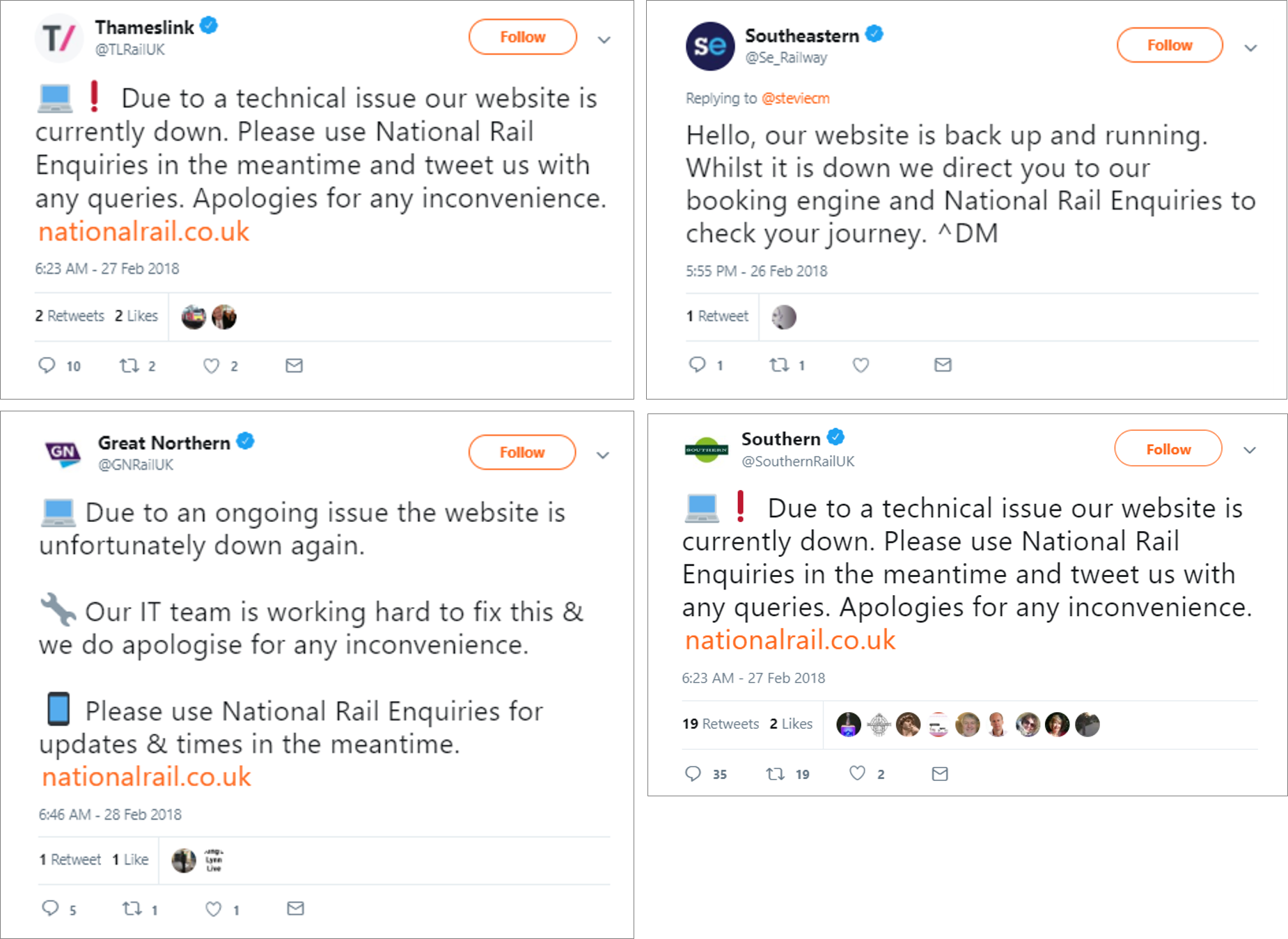 tweets of rail company website down