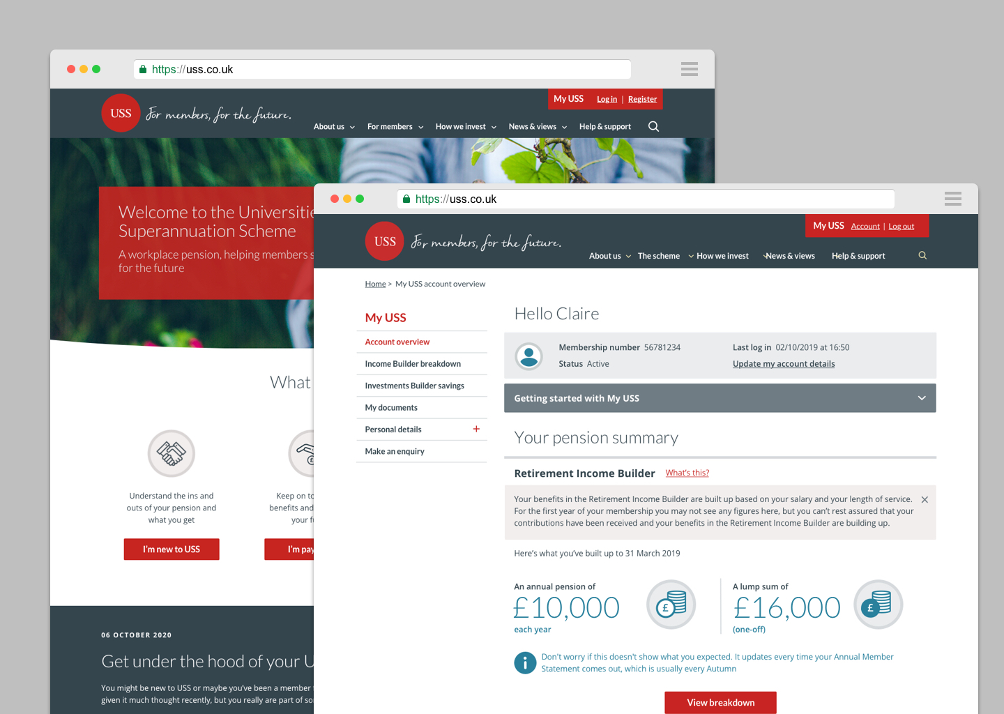 Two overlapping screenshots of the USS site. The prominent one shows the member portal with a clear summary of someone's pension and sidebar navigation with various options to manage that pension