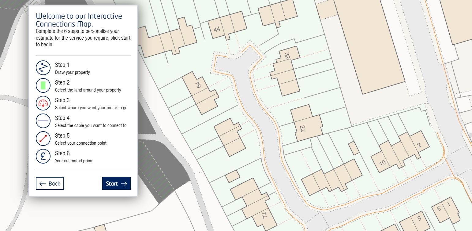 The ENW interactive connections map showing a diagram-style map with a modal box on top outlining the steps with a back and next button