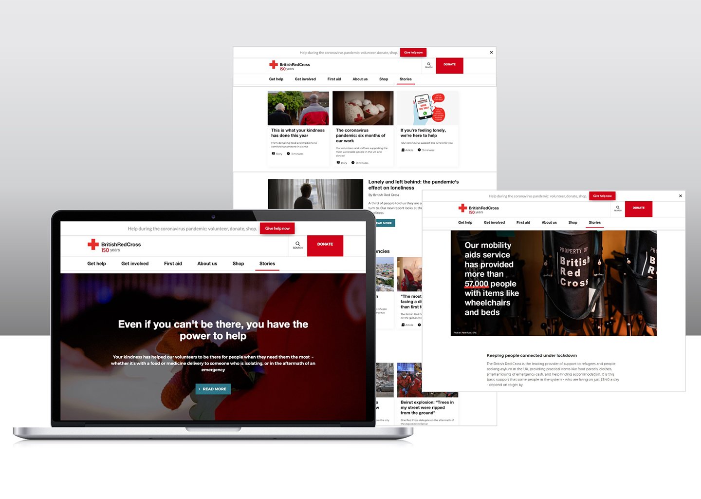 A selection of British Red Cross landing pages: A laptop shows a page with a full screen hero section, in the background a page has a grid of cards with images and links, and to the side a page has a smaller hero section with large title and image, followed by article text below 
