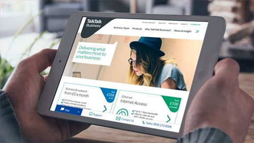A cleanly designed TalkTalk Business website being viewed on a tablet device in landscape orientation. 