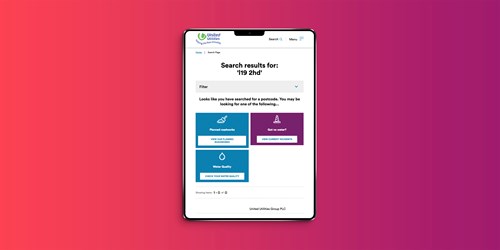 A tablet on a gradient pint background. On the screen is the United Utilities website search results page with 3 clear results in large clickable cards